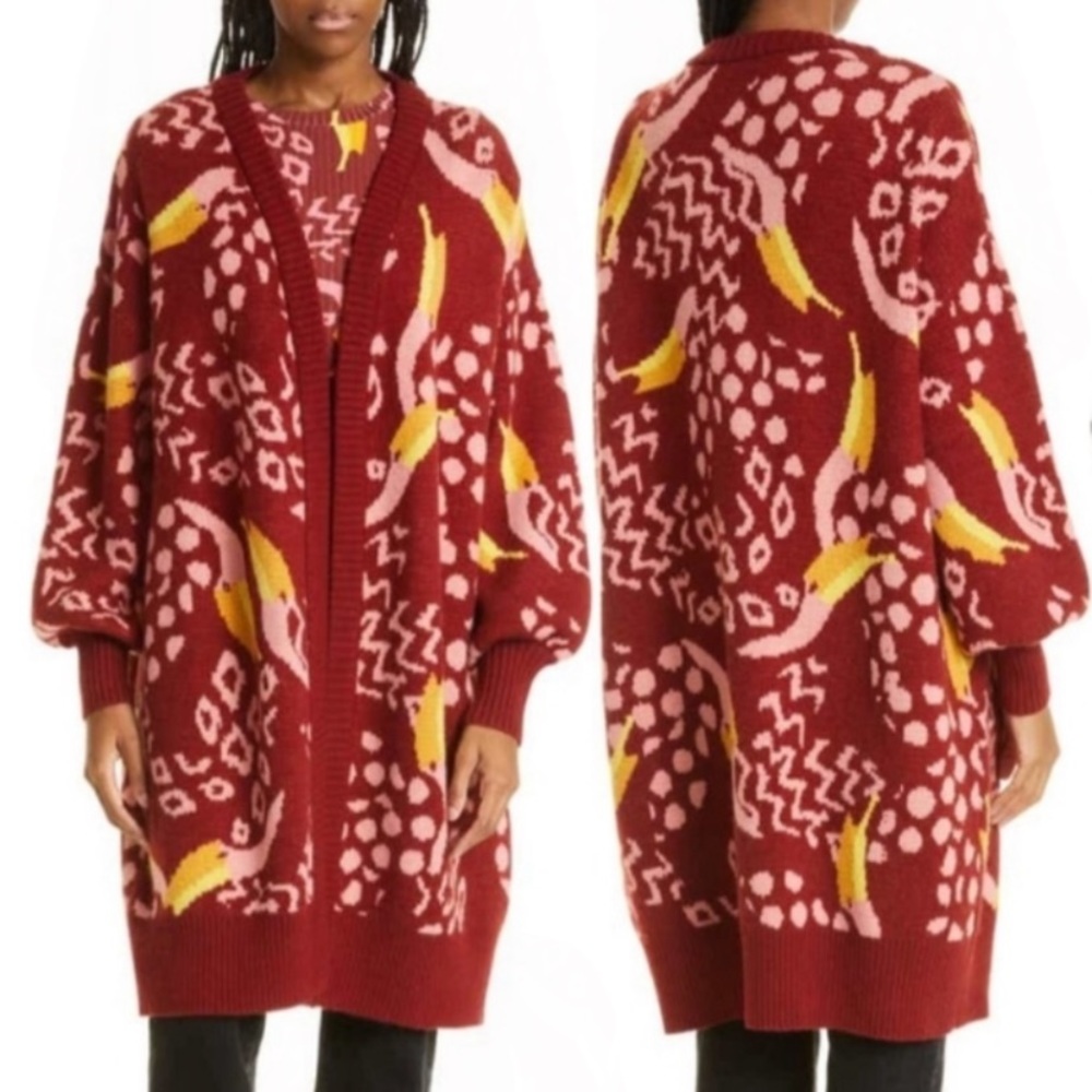 NWOT FARM RIO Toucanissimo Acrylic Belt Tie Balloon Sleeve Cardigan Burgundy …